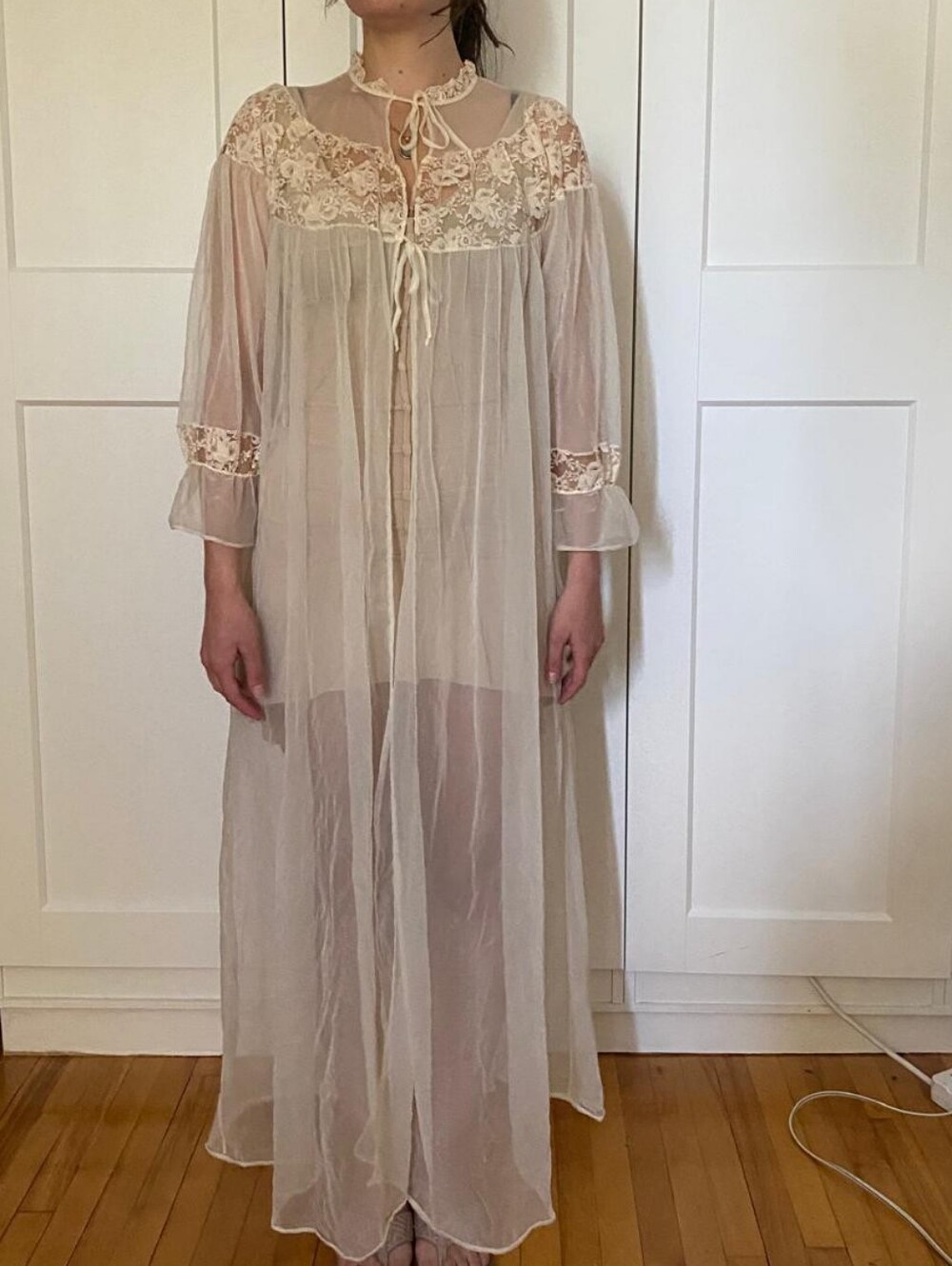Vintage Nylon Mesh Sheer Lace-Trim Long Robe — Cream